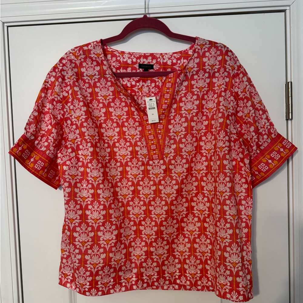 Talbots Pink and Red Boxy Cuffed Sleeve Blouse